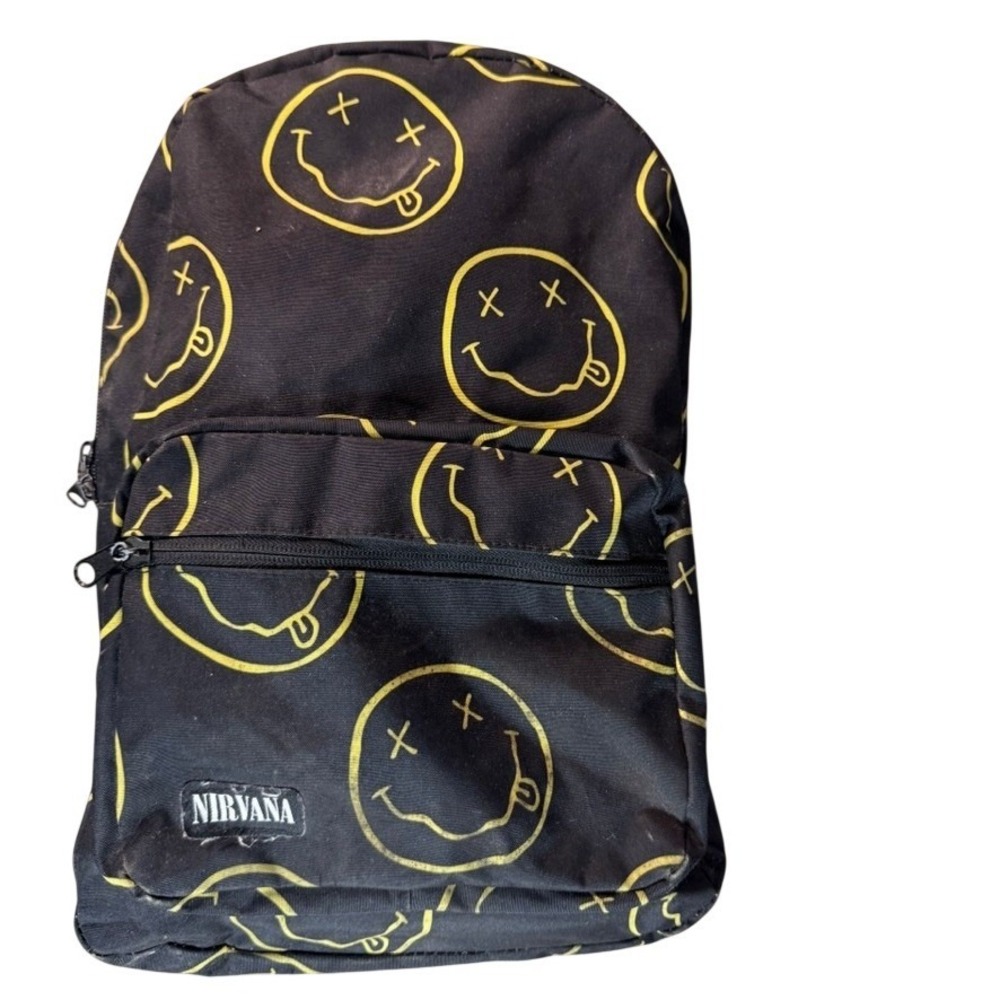 Nirvana Smiley Face Logo Backpack Black Yellow Canvas Music Band School Bag